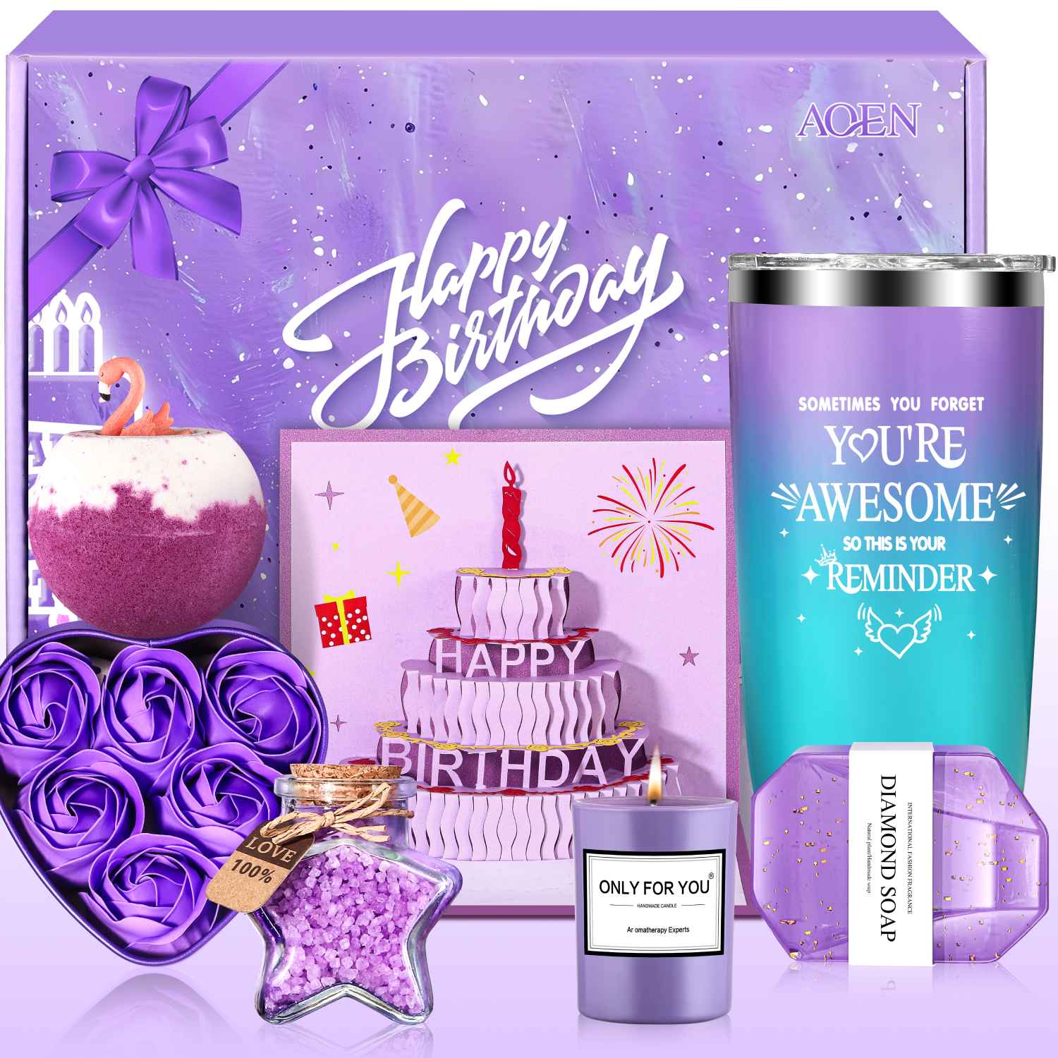 Aofmee Birthday Gift Baskets for Women, 7 Pcs Lavender Self Care Spa Gift Sets, Beauty Body Care Kits for Birthday Valentine's Day Gifts, Purple